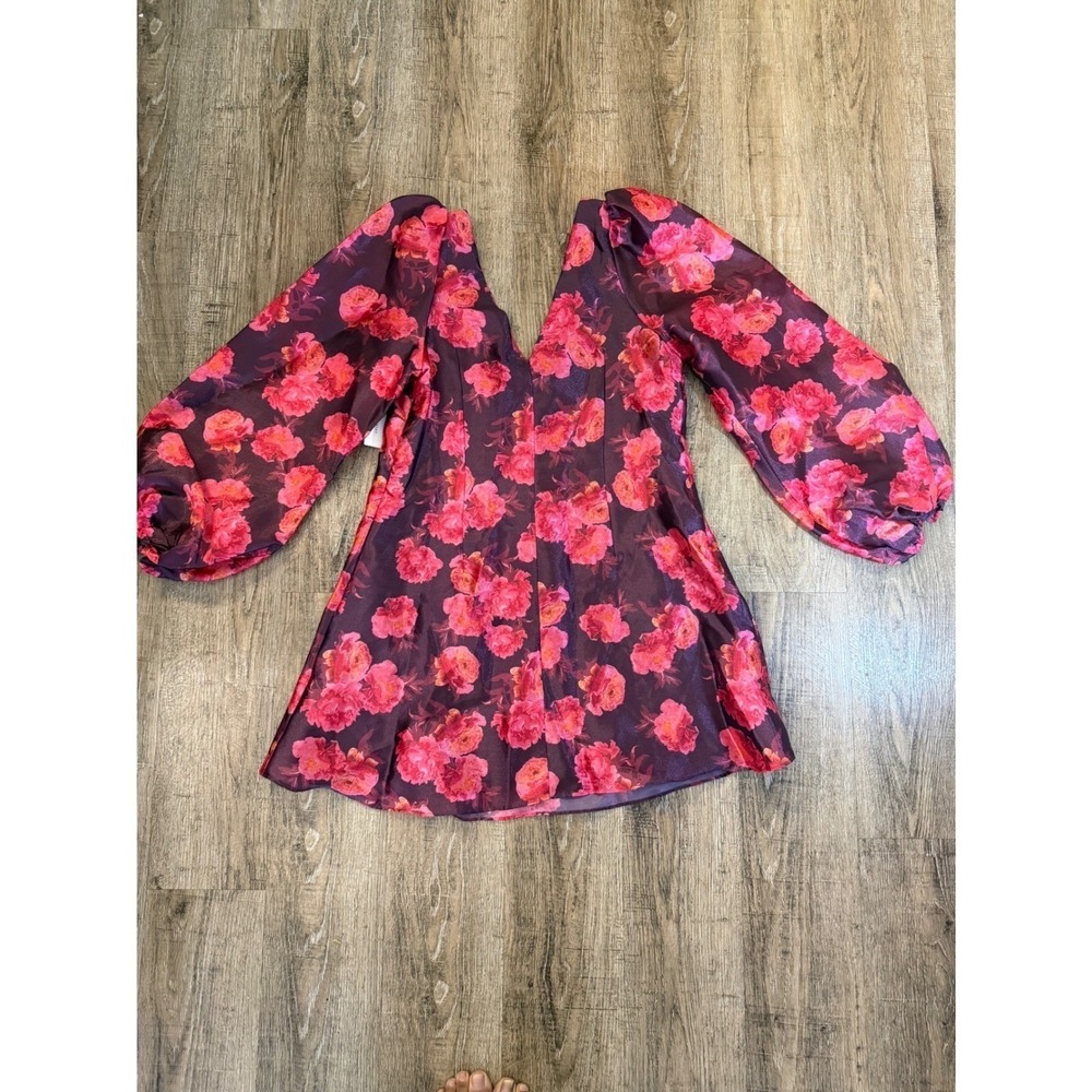 BHLDN Floral Puff Sleeve Mini Dress Plum Pink V-Neck Pockets Size xs $198 Retail - Picture 2 of 10
